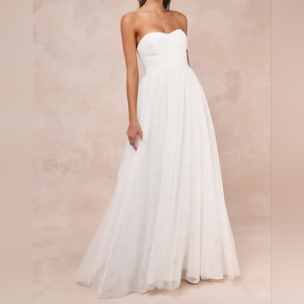 Lulus Blissful Forever White Tulle Lace Strapless Pleated Maxi Wedding Dress